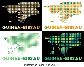 Mapa de Guinea-Bissau. Colección del mapa de Guinea-Bissau en estilo punteado. Las fronteras del país están llenas de rectángulos para su diseño. Ilustración vectorial.