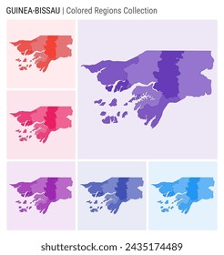Guinea-Bissau map collection featuring the country's shape with colored regions. Includes deep purple, red, pink, purple, indigo, and blue color palettes. Ideal for infographics and design projects.