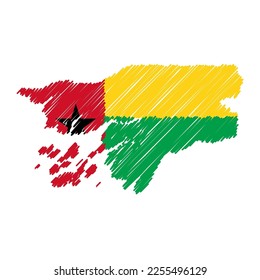 Guinea-Bissau map color hand drawn sketch. Vector concept illustration flag, scribble map. Country map for infographic, brochures and presentations isolated on white background. Vector illustration.