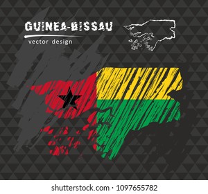 Guinea-Bissau map with flag inside on the black background. Chalk sketch vector illustration