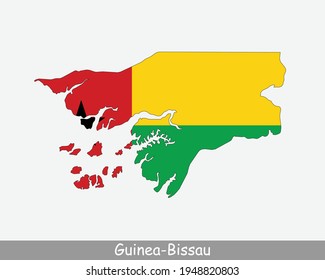 Guinea-Bissau Map Flag. Map of the Republic of Guinea-Bissau with the Bissau-Guinean national flag isolated on white background. Vector Illustration.