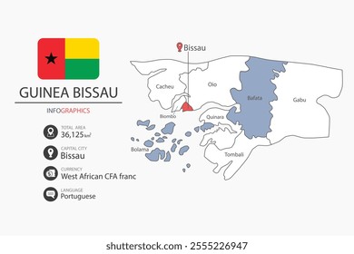 Guinea-Bissau map infographic elements with flag of city. Separate of heading is total areas, Currency, Language and the capital city in this country.