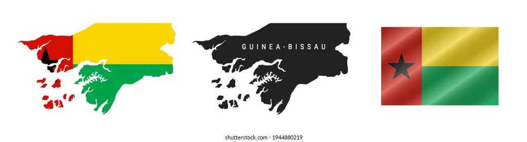 Guinea-Bissau. Map with masked flag. Detailed silhouette. Waving flag. Vector illustration isolated on white.