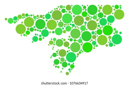 Guinea-Bissau Map mosaic of randomized filled circles in various sizes and eco green color hues. Vector spheric items are grouped into guinea-bissau map collage.