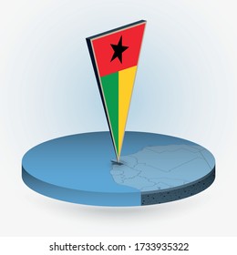 Guinea-Bissau map in round isometric style with triangular 3D flag of Guinea-Bissau, vector map in blue color. 
