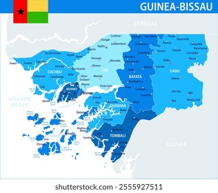 Guinea-Bissau Map Vector Blue Spot - Customizable layered political map of Guinea-Bissau with administrative divisions for website, education, reports, news, politics, print, poster