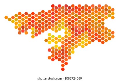 Guinea-Bissau map. Vector hex-tile territorial plan drawn with fire color tints. Impressive Guinea-Bissau map collage is organized of fired honeycomb elements.