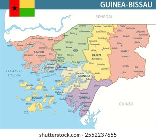 Guinea-Bissau Map Vector New 2024 Colorful - Customizable layered political map of Guinea-Bissau with administrative divisions for website, education, reports, news, politics, print, poster