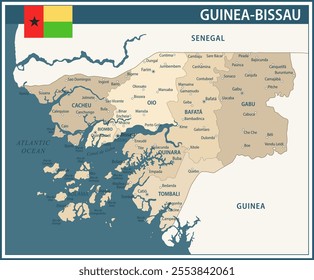 Guinea-Bissau Map Vector Vintage Dark Blue Beige - Customizable layered political map of Guinea-Bissau with administrative divisions for website, education, reports, news, politics, print, poster