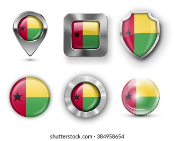 Guinea-Bissau Metal and Glass Flag Badges, Buttons, Map marker pin and Shields. Vector illustrationsMetal and Glass Flag Badges, Buttons, Map marker pin and Shields. Vector illustrations