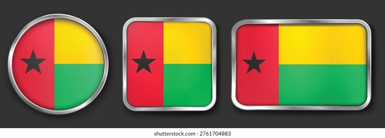 Guinea-Bissau Metallic Flag Collection, Circular, Square and Rectangular Guinea-Bissau Flag Badges Set