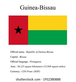 Guinea-Bissau national flag, country's official name, country area size, official language, capital and currency.