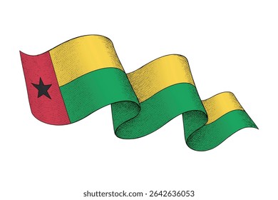 Guinea-Bissau national flag waving ribbon shape with engraved vintage texture