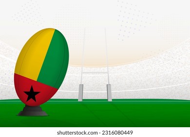 Selección nacional de Guinea-Bissau pelota de rugby en estadio de rugby y puestos de gol, preparándose para un penal o patada libre. Ilustración vectorial.