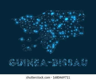 Mapa de la red de Guinea-Bissau. Mapa geométrico abstracto del país. Conexión a Internet y diseño de telecomunicaciones. Ilustración vectorial atractiva.
