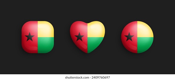 Guinea-Bissau Official National Flag 3D Vector Glossy Icons In Rounded Square, Heart And Circle Form Isolated On Back. Guinean Sign And Symbols Graphic Design Elements Volumetric Buttons Collection