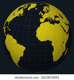 Guiné-Bissau no Globo. Vista do país no mapa do mundo em Carvão amarelo brilhante paleta de cores. Guiné-Bissau no mapa. Globo com meridianos, paralelos, países, rios e lagos.