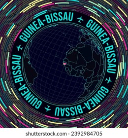 Guinea-Bissau on globe. Satelite view of the world centered to Guinea-Bissau. Bright neon style. Futuristic radial bricks background. Attractive vector illustration.