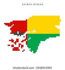 Guinea-Bissau pixel flag map icon. 8 bit pixel art Republic of Guinea-Bissau map covered with flag. Flat vector illustration isolated on white background.