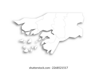 Guinea-Bissau political map of administrative divisions - regions and autonomous sector of Bissau. Flat white blank map with thin black outline and dropped shadow.