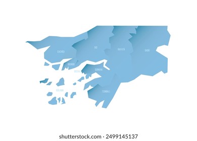 Guinea-Bissau political map of administrative divisions - regions and autonomous sector of Bissau. Shaded vector map with 3D-like blue gradient and name labels