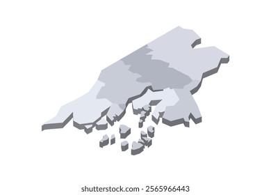 Guinea-Bissau political map of administrative divisions - regions and autonomous sector of Bissau. 3D isometric blank vector map in shades of grey.