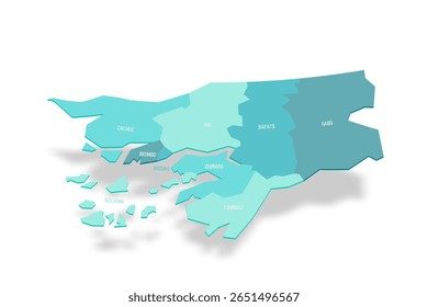 Mapa político das divisões administrativas da Guiné-Bissau - regiões e setor autônomo de Bissau. Mapa de vetor turquesa 3D com rótulos de nome.