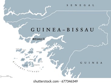 Guinea-Bissau political map with capital Bissau, international borders and neighbors. Republic and country in West Africa. Gray illustration isolated on white background. English labeling. Vector.