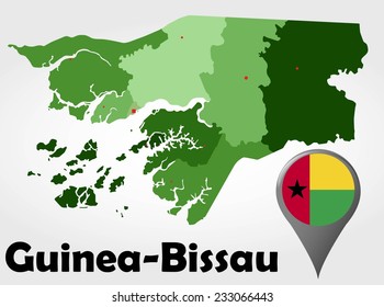 Guinea-Bissau political map with green shades and map pointer.