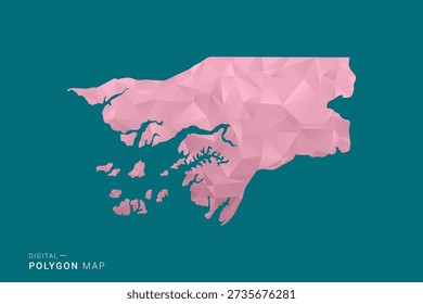 Guinea-Bissau Polygon-Karte Vektorgrafik in Low-Poly-geometrischen Stil, weiche Pastellfarben mit Rosa-und Teal-Grün-Tönen, saubere Silhouette auf solidem Hintergrund, ideal für Infografik.