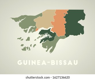Guinea-Bissau poster in retro style. Map of the country with regions in autumn color palette. Shape of Guinea-Bissau with country name. Appealing vector illustration.
