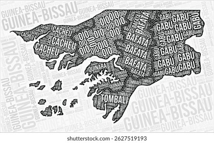 Guinea-Bissau regions map word cloud. Guinea-Bissau region names. Black and white map design. Trending vector illustration.