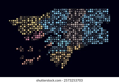 Guinea-Bissau, shape of the country build of colored cells. Digital style map of the Guinea-Bissau on dark background. Small size rounded square blocks. Awesome vector illustration.