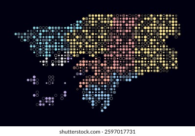 Guinea-Bissau, shape of the country build of colored cells. Digital style map of the Guinea-Bissau on dark background. Small size circle blocks. Modern vector illustration.