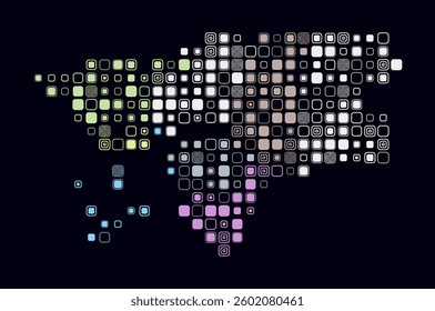Guinea-Bissau, shape of the country built of colored cells. Digital style map of Guinea-Bissau on a dark background. Large size rounded square blocks. Classy vector illustration.