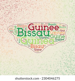Guinea-Bissau shape with country names word cloud in multiple languages. Guinea-Bissau border map on attractive triangles scattered around. Classy vector illustration.