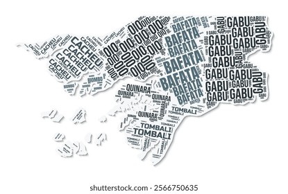 Guinea-Bissau shape text cloud. Country border with shadow on white background. Guinea-Bissau with regions division in vintage gazette style. Amazing vector illustration.