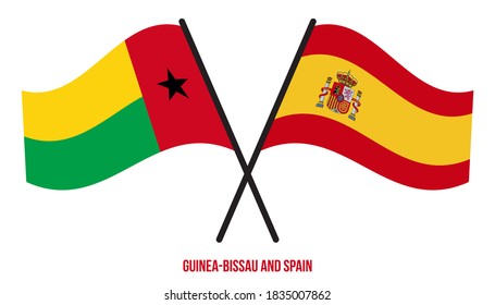 Guinea-Bissau and Spain Flags Crossed And Waving Flat Style. Official Proportion. Correct Colors.