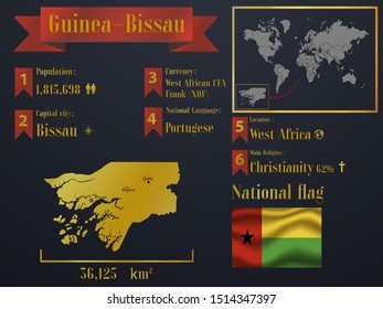 Guinea-Bissau statistic data visualization, travel, tourism destination infographic, information. Graphic vector illustration. National flag, Africa country silhouette, world map icon business element
