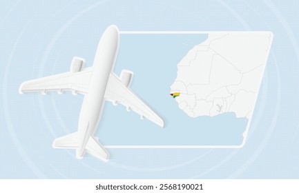 Guinea-Bissau Travel Illustration with Plane and National Flag. Ideal for travel agencies, promotional materials, or geographic content related to Guinea-Bissau.