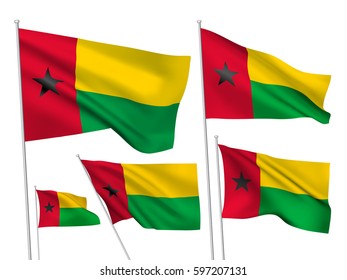Guinea-Bissau vector flags set. 5 wavy 3D cloth pennants fluttering on the wind. EPS 8 created using gradient meshes isolated on white background. Five flagstaff design elements from world collection