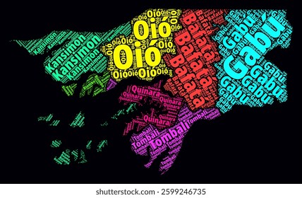 Guinea-Bissau word cloud featuring region names in Portuguese with a bright neon style design on a dark background. The shape of Guinea-Bissau is highlighted with administrative divisions.