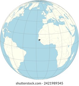 Guinea-Bissau's map at the heart of the orthographic world projection, it has tropical landscapes and located in West Africa.