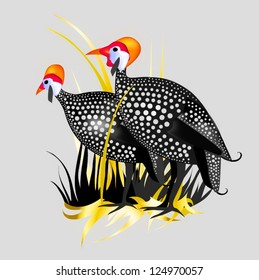  guineafowl a couple of chickens against the grass and the village landscape graphics drawn