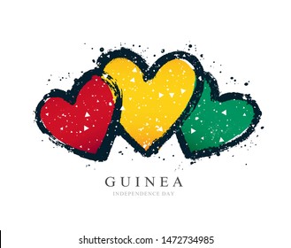 Guinean flag in the form of three hearts. Vector illustration on a white background. Brush strokes are drawn by hand. Guinea Independence Day.