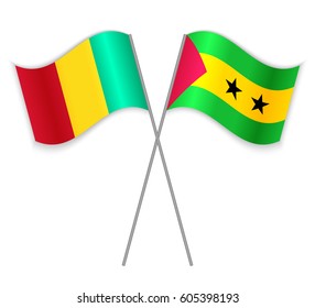 Guinean and Sao Tomean crossed flags. Guinea combined with Sao Tome and Principe isolated on white. Language learning, international business or travel concept.