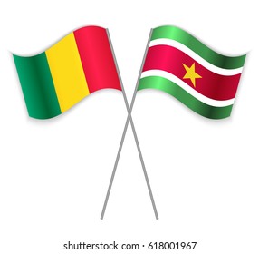 Guinean and Surinamese crossed flags. Guinea combined with Suriname isolated on white. Language learning, international business or travel concept.