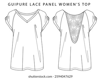 Guipure lace panel women top, lace, flat sketch, fashion cad, jersey, fashion, technical illustration, cad, tech pack, vector design