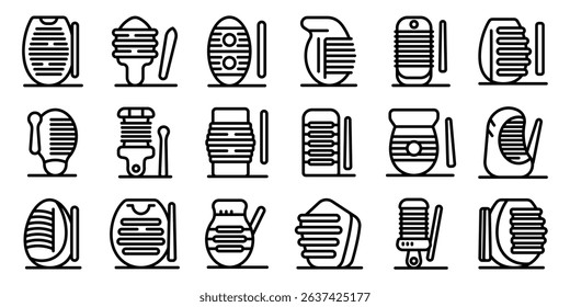  Guiro icons set. Different types of guiro, a latin american percussion instrument, being played with a scraper