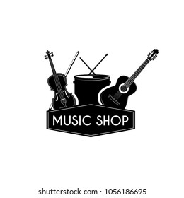 Guital drum violin. Music shop store logo label. Musical instruments set. Vector illustration.